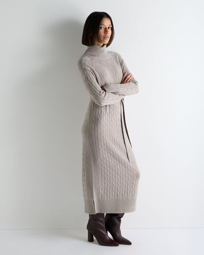 N.Peal Women's Longline Cable Cashmere Dress Oat Grey