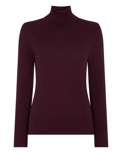N.Peal Women's Superfine Cashmere Ribbed Roll Neck Jumper Damson Red