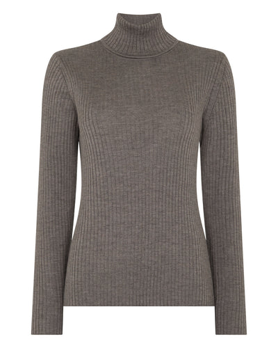 N.Peal Women's Superfine Cashmere Ribbed Roll Neck Jumper Pecan Brown