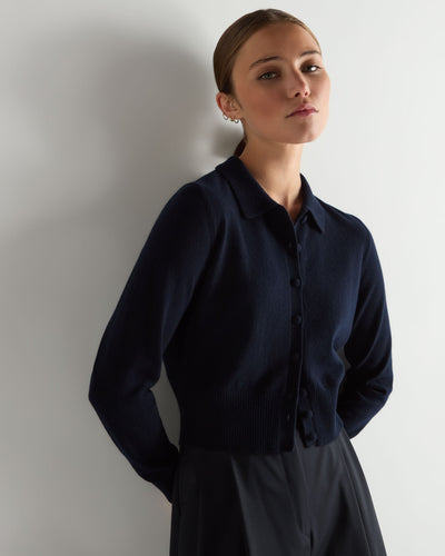 N.Peal Women's Thea Collared Cashmere Cardigan Navy Blue