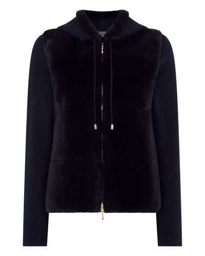N.Peal Women's Honeycomb Fur Trim Cashmere Hoodie Navy Blue