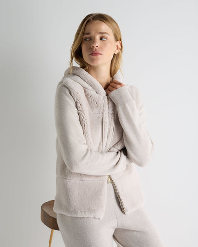 N.Peal Women's Honeycomb Fur Trim Cashmere Hoodie Pebble Grey