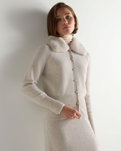 N.Peal Women's Honeycomb Fur Trim Cashmere Cardigan Pebble Grey