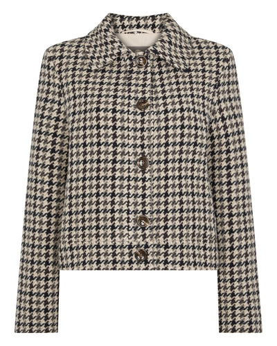 N.Peal Women's Icon Dogtooth City Jacket With Fur Collar Beige Brown Dogtooth