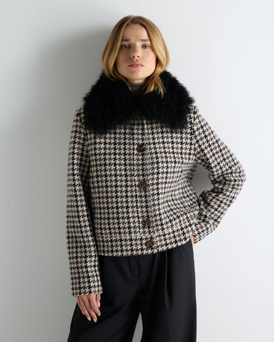 N.Peal Women's Icon Dogtooth City Jacket With Fur Collar Beige Brown Dogtooth