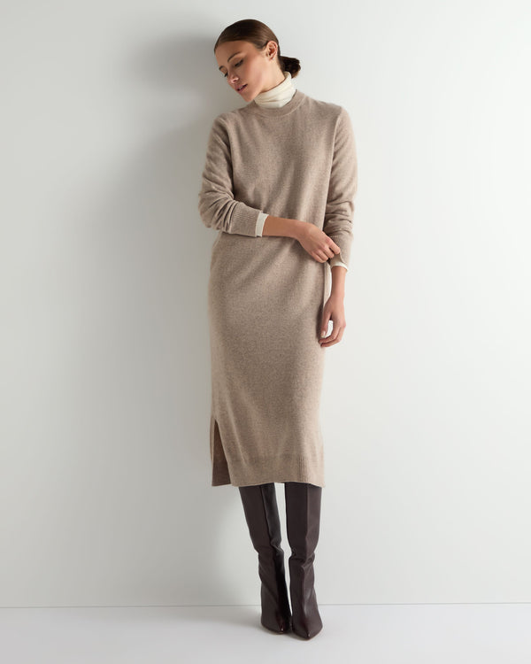 N.Peal Women's Round Neck Cashmere Jumper Dress Oatmeal Brown