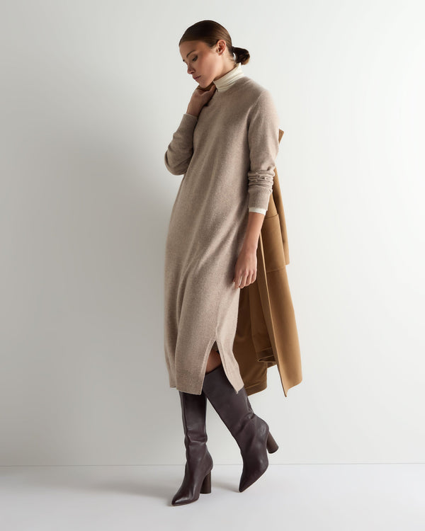 N.Peal Women's Round Neck Cashmere Jumper Dress Oatmeal Brown