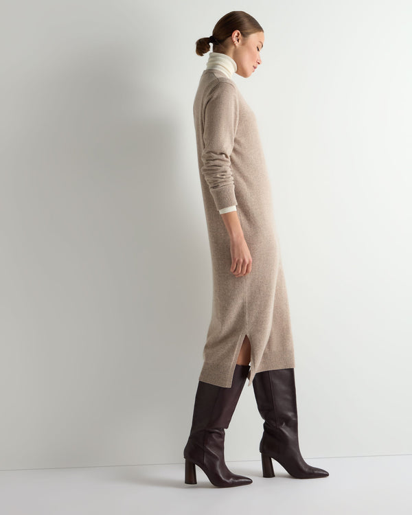 N.Peal Women's Round Neck Cashmere Jumper Dress Oatmeal Brown