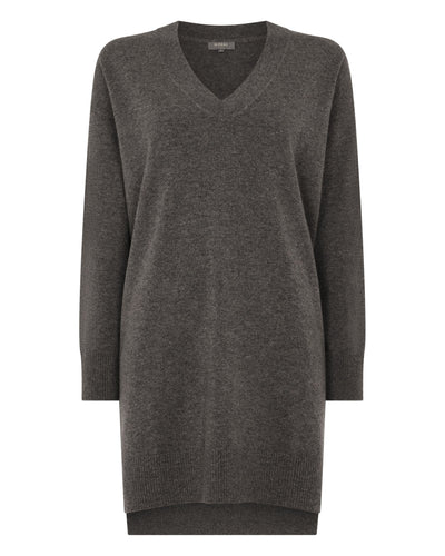 N.Peal Women's Elise Long V Neck Cashmere Tunic Wood Smoke Brown