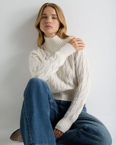 N.Peal Women's Cable Knit Funnel Neck Cashmere Jumper New Ivory White