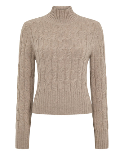 N.Peal Women's Cable Knit Funnel Neck Cashmere Jumper Oatmeal Brown