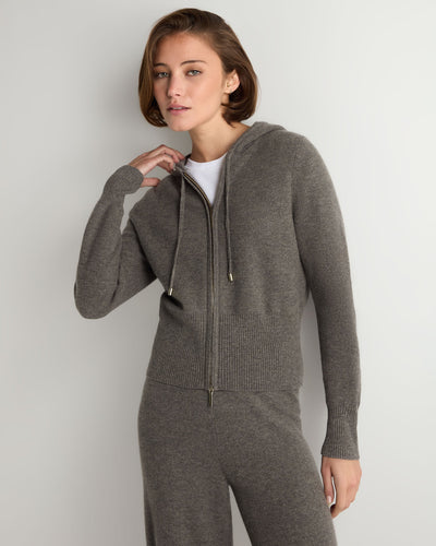 N.Peal Women's Honeycomb Zipper Cashmere Hoodie Wood Smoke Brown
