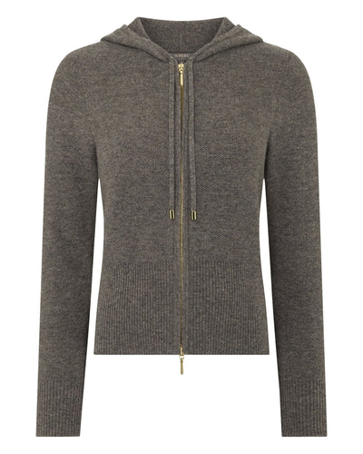 N.Peal Women's Honeycomb Zipper Cashmere Hoodie Wood Smoke Brown