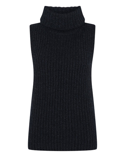 N.Peal Women's Ribbed Sleeveless Turtle Neck Cashmere Jumper Ink Blue Melange