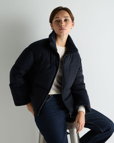 Women's Fur Cuff Padded Cashmere Jacket Navy Blue