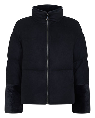 N.Peal Women's Fur Cuff Padded Cashmere Jacket Navy Blue