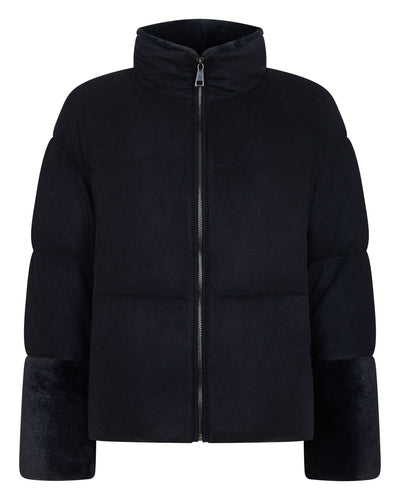 N.Peal Women's Fur Cuff Padded Cashmere Jacket Navy Blue