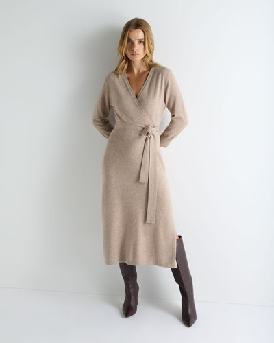 N.Peal Women's Willa Wrap Cashmere Dress Oatmeal Brown