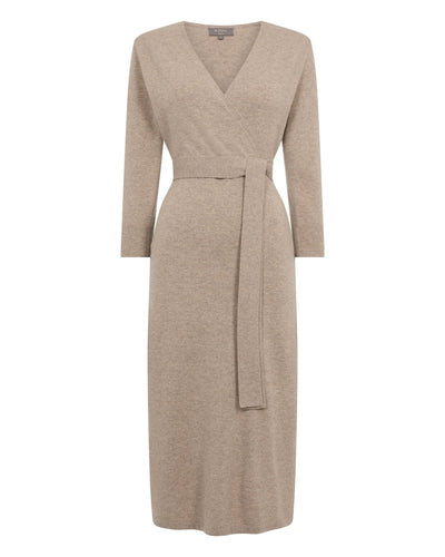 N.Peal Women's Willa Wrap Cashmere Dress Oatmeal Brown