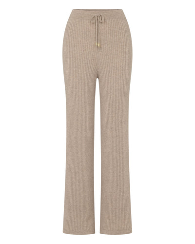 N.Peal Women's Ribbed Wide Leg Cashmere Trousers Oatmeal Brown