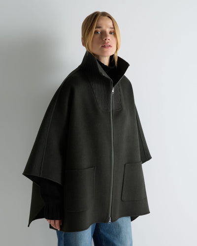 N.Peal Women's Ribbed Collar Woven Cape Dark Green