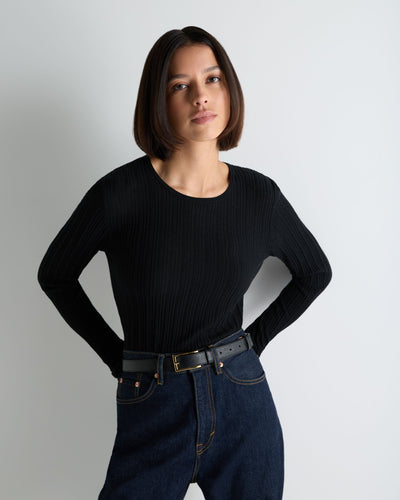 N.Peal Women's Long Sleeve Ribbed Top Black
