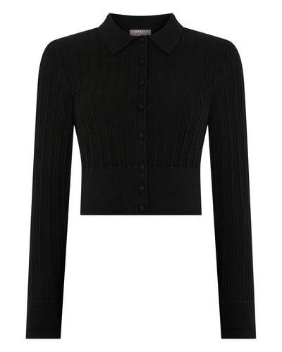 N.Peal Women's Long Sleeve Ribbed Polo Black