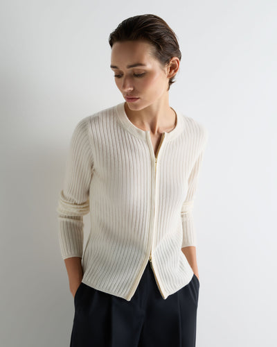 N.Peal Women's Ribbed Full Zip Cashmere Jumper New Ivory White