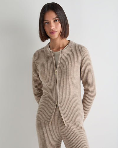 N.Peal Women's Ribbed Full Zip Cashmere Jumper Oatmeal Brown