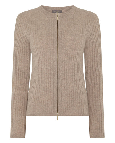N.Peal Women's Ribbed Full Zip Cashmere Jumper Oatmeal Brown