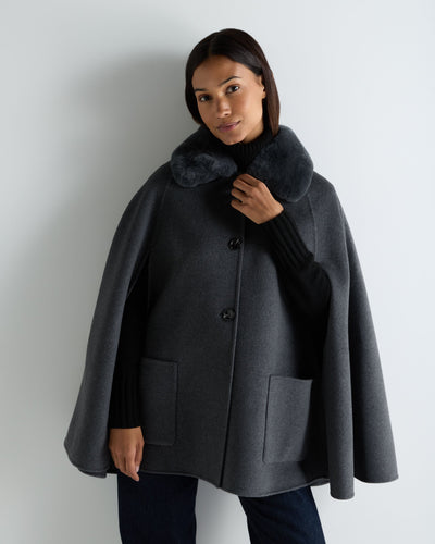 N.Peal Women's Fur Collar Woven Cape Dark Grey