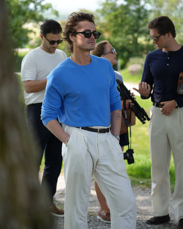 N.Peal Men's Oxford Round Neck Cashmere Jumper Sunshine Blue