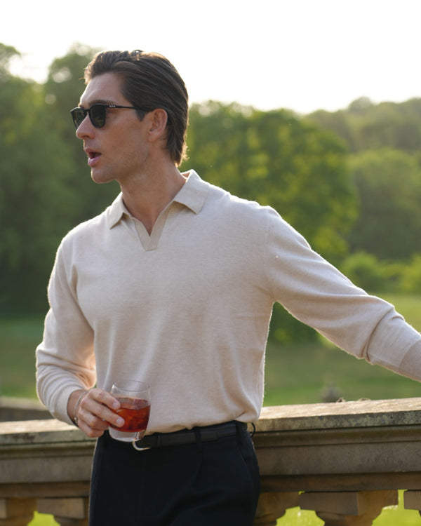 N.Peal Men's Padstow Cotton Cashmere Polo Shirt Sandstone Brown