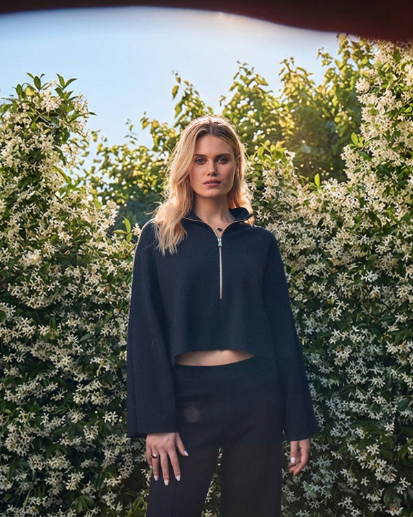 N.Peal Women's Half Zip Cotton Blend Sweatshirt Navy Blue