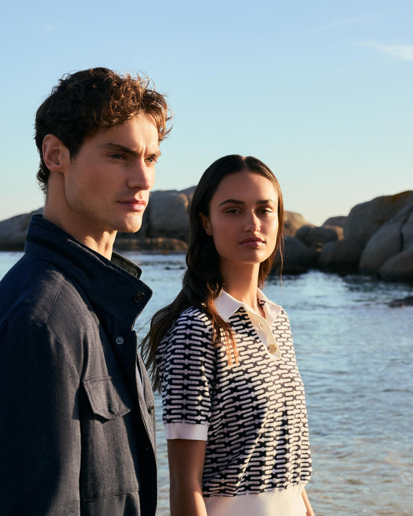 N.Peal Women's Harlow Jacquard Cotton Cashmere Polo Navy Blue