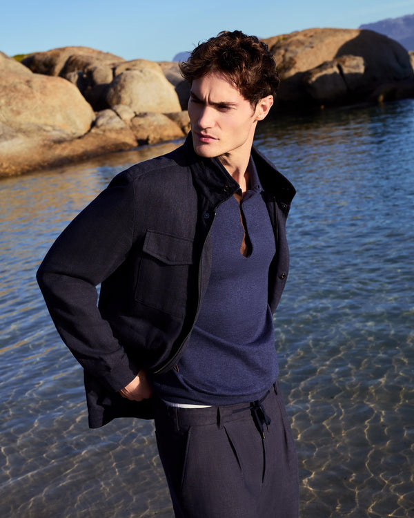 N.Peal Men's Polzeath Cotton Cashmere Polo T-Shirt Dark Denim Blue