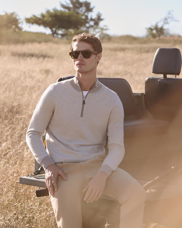 N.Peal Men's Temple Jacquard Half Zip Cashmere Jumper Oat Grey