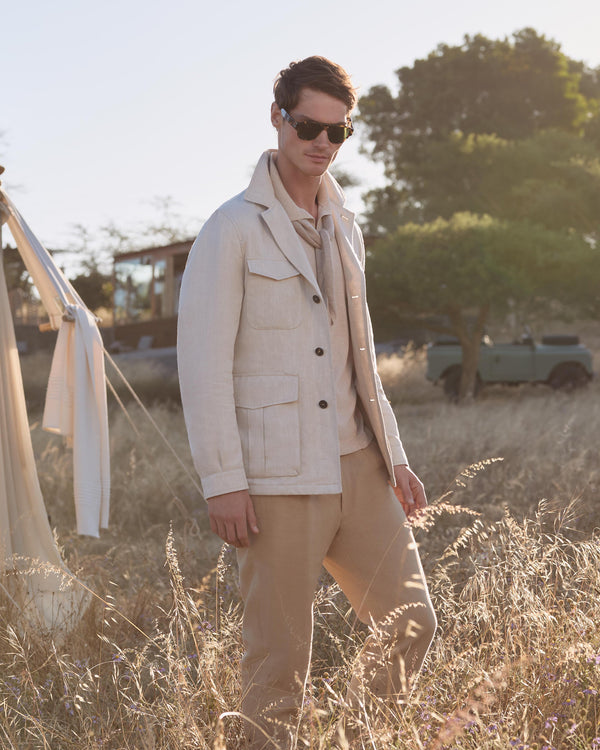 N.Peal Men's Linen Blend Herringbone Safari Jacket Chalk White