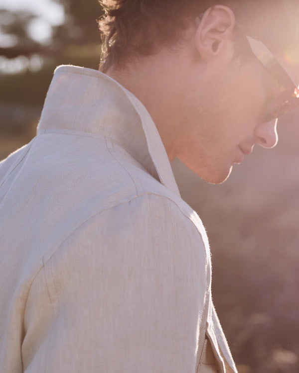 N.Peal Men's Linen Blend Herringbone Safari Jacket Chalk White