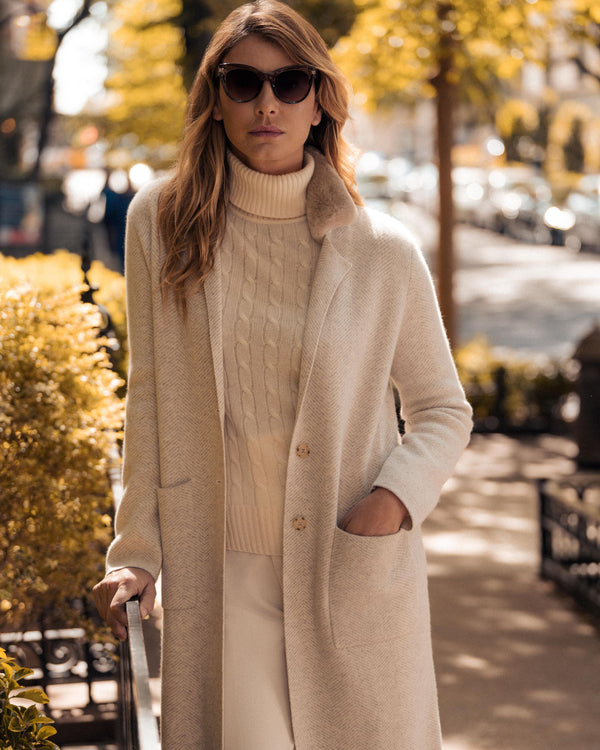 N.Peal Women's Herringbone Cashmere Coat With Fur Trim Sand Brown