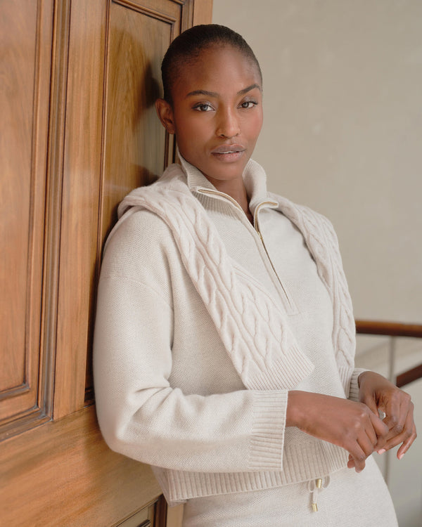 N.Peal Women's Honeycomb Quarter-Zip Cashmere Jumper Pebble Grey