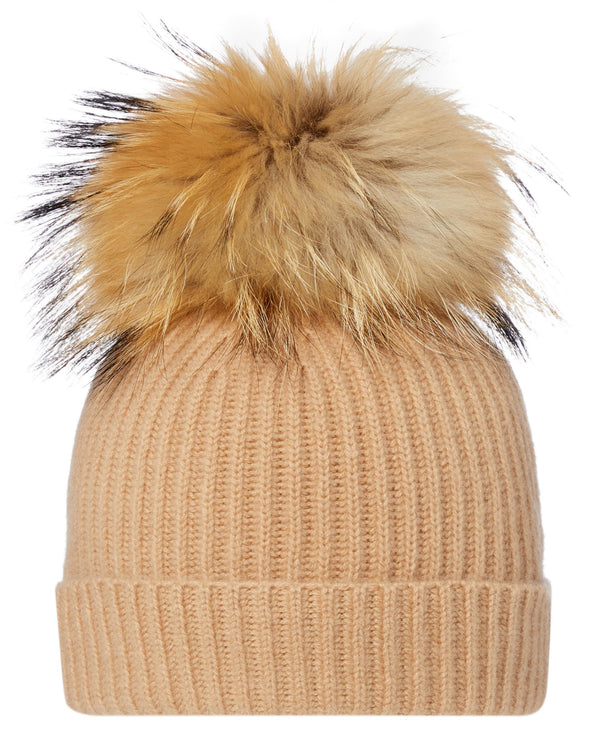N.Peal Unisex Ribbed Cashmere Hat With Detachable Pom Camel Brown