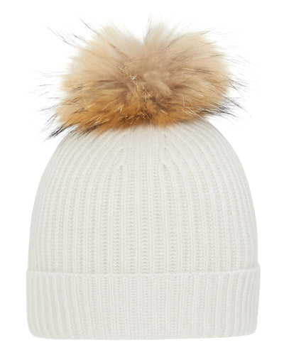 N.Peal Unisex Ribbed Cashmere Hat With Detachable Pom Snow Grey