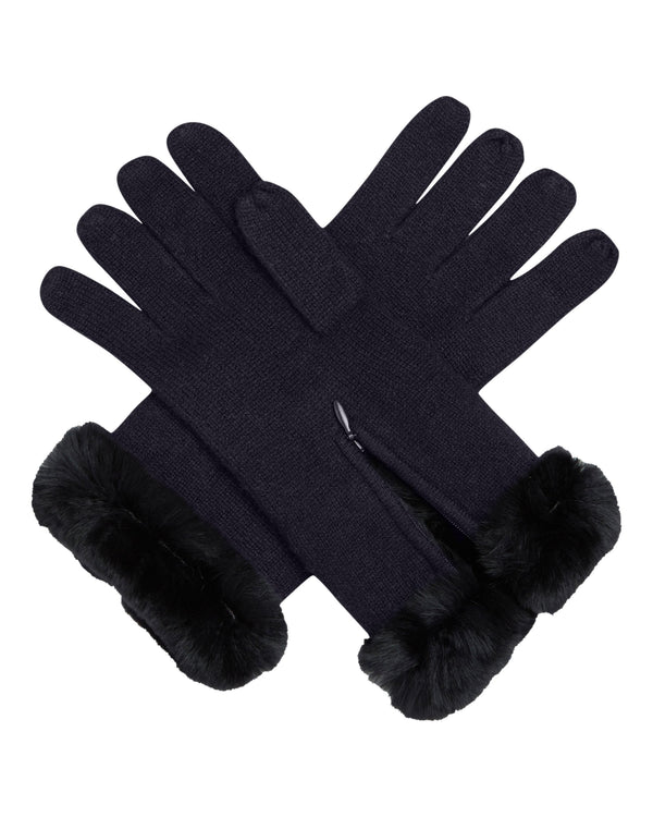 N.Peal Women's Fur Trim Cashmere Gloves Navy Blue