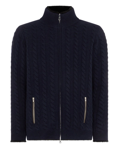 N.Peal Men's Aspen Cashmere Cable Fur Cardigan Navy Blue