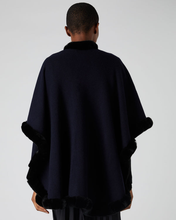 N.Peal Women's Ayla Fur Trim Cashmere Cape Navy Blue