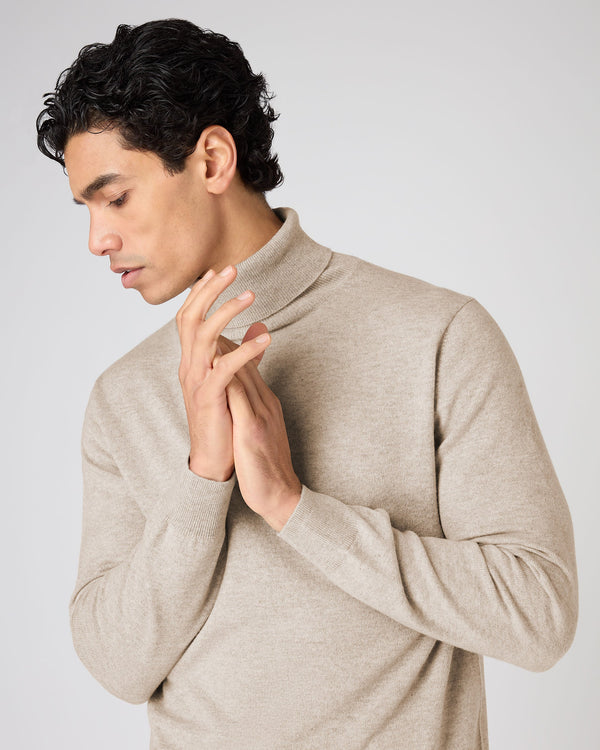 N.Peal Men's Trafalgar Roll Neck Cashmere Jumper Oatmeal Brown