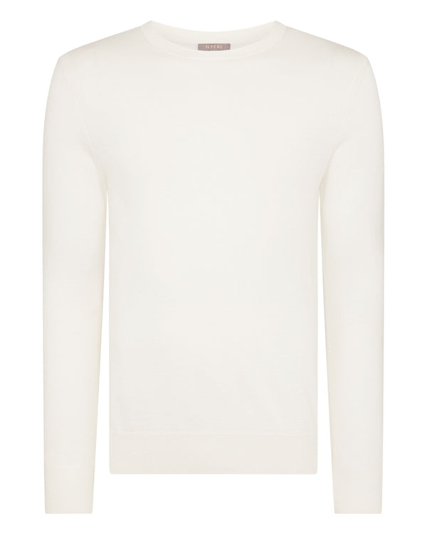 N.Peal Men's Covent Fine Gauge Cashmere Round Neck Jumper New Ivory White