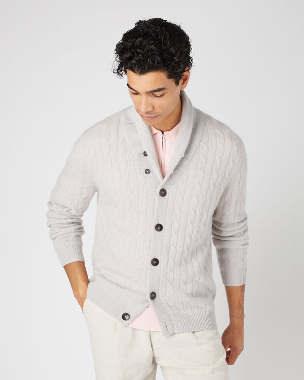 N.Peal Men's Garrick Shawl Cable Cashmere Cardigan Pebble Grey