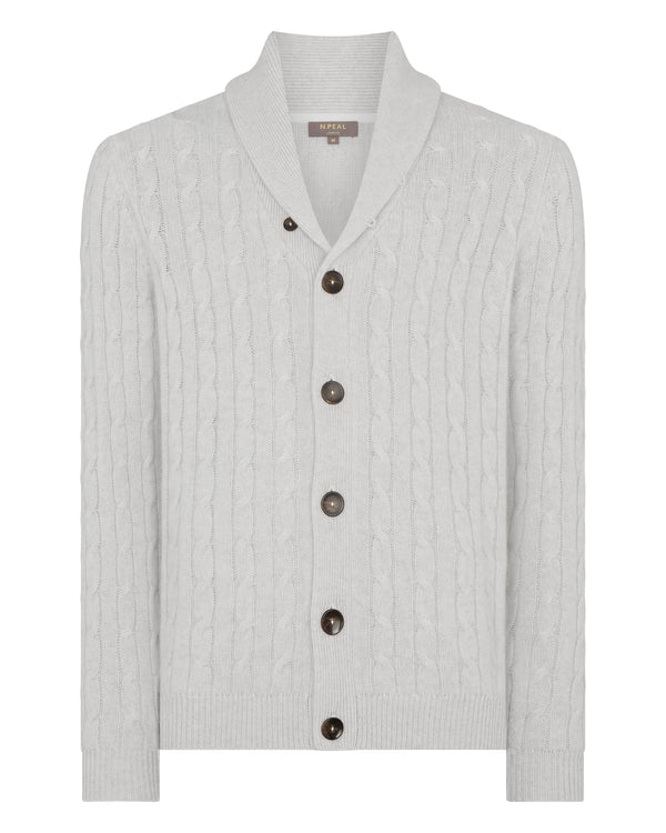 N.Peal Men's Garrick Shawl Cable Cashmere Cardigan Pebble Grey